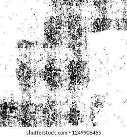 Grunge overlay layer. Abstract black and white vector background. Monochrome vintage surface with dirty pattern in cracks, spots, dots. Old painted wall in dark horror style design