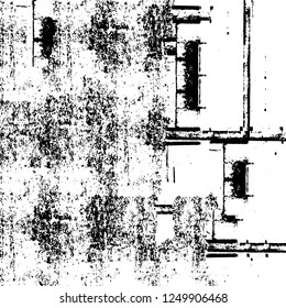 Grunge overlay layer. Abstract black and white vector background. Monochrome vintage surface with dirty pattern in cracks, spots, dots. Old painted wall in dark horror style design