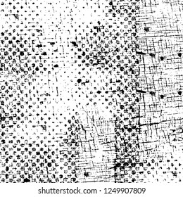 Grunge overlay layer. Abstract black and white vector background. Monochrome vintage surface with dirty pattern in cracks, spots, dots. Old painted wall in dark horror style design