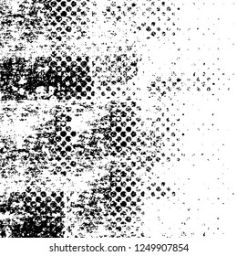 Grunge overlay layer. Abstract black and white vector background. Monochrome vintage surface with dirty pattern in cracks, spots, dots. Old painted wall in dark horror style design