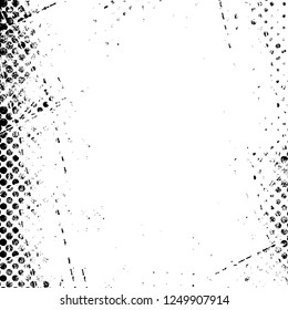 Grunge overlay layer. Abstract black and white vector background. Monochrome vintage surface with dirty pattern in cracks, spots, dots. Old painted wall in dark horror style design