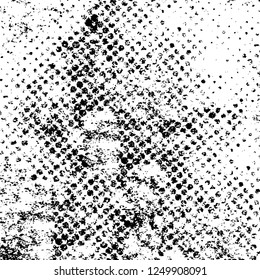 Grunge overlay layer. Abstract black and white vector background. Monochrome vintage surface with dirty pattern in cracks, spots, dots. Old painted wall in dark horror style design