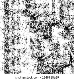 Grunge overlay layer. Abstract black and white vector background. Monochrome vintage surface with dirty pattern in cracks, spots, dots. Old painted wall in dark horror style design
