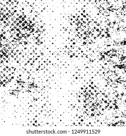 Grunge overlay layer. Abstract black and white vector background. Monochrome vintage surface with dirty pattern in cracks, spots, dots. Old painted wall in dark horror style design