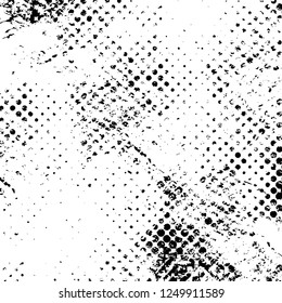 Grunge overlay layer. Abstract black and white vector background. Monochrome vintage surface with dirty pattern in cracks, spots, dots. Old painted wall in dark horror style design
