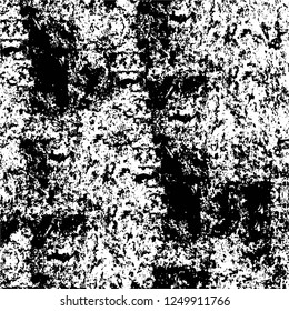 Grunge overlay layer. Abstract black and white vector background. Monochrome vintage surface with dirty pattern in cracks, spots, dots. Old painted wall in dark horror style design