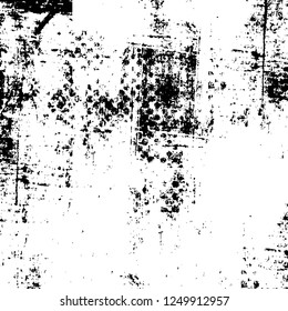 Grunge overlay layer. Abstract black and white vector background. Monochrome vintage surface with dirty pattern in cracks, spots, dots. Old painted wall in dark horror style design