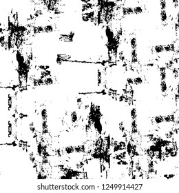 Grunge overlay layer. Abstract black and white vector background. Monochrome vintage surface with dirty pattern in cracks, spots, dots. Old painted wall in dark horror style design
