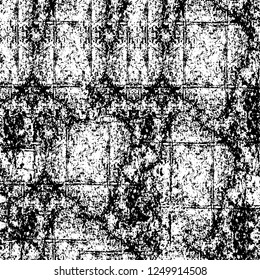 Grunge overlay layer. Abstract black and white vector background. Monochrome vintage surface with dirty pattern in cracks, spots, dots. Old painted wall in dark horror style design