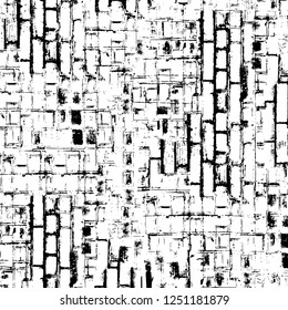 Grunge overlay layer. Abstract black and white vector background. Monochrome vintage surface with dirty pattern in cracks, spots, dots. Old painted wall in dark horror style design