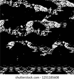 Grunge overlay layer. Abstract black and white vector background. Monochrome vintage surface with dirty pattern in cracks, spots, dots. Old painted wall in dark horror style design
