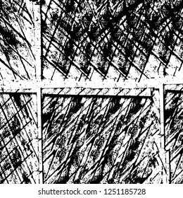 Grunge overlay layer. Abstract black and white vector background. Monochrome vintage surface with dirty pattern in cracks, spots, dots. Old painted wall in dark horror style design