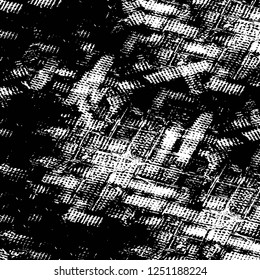 Grunge overlay layer. Abstract black and white vector background. Monochrome vintage surface with dirty pattern in cracks, spots, dots. Old painted wall in dark horror style design