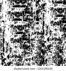 Grunge overlay layer. Abstract black and white vector background. Monochrome vintage surface with dirty pattern in cracks, spots, dots. Old painted wall in dark horror style design