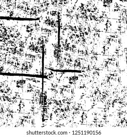 Grunge overlay layer. Abstract black and white vector background. Monochrome vintage surface with dirty pattern in cracks, spots, dots. Old painted wall in dark horror style design
