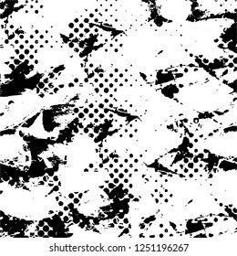 Grunge overlay layer. Abstract black and white vector background. Monochrome vintage surface with dirty pattern in cracks, spots, dots. Old painted wall in dark horror style design