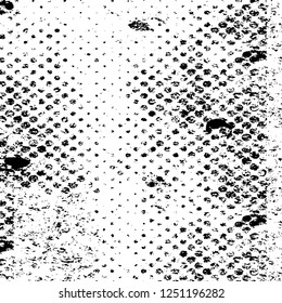 Grunge overlay layer. Abstract black and white vector background. Monochrome vintage surface with dirty pattern in cracks, spots, dots. Old painted wall in dark horror style design