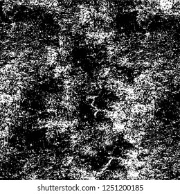 Grunge overlay layer. Abstract black and white vector background. Monochrome vintage surface with dirty pattern in cracks, spots, dots. Old painted wall in dark horror style design