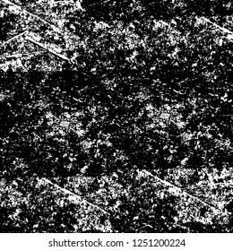 Grunge overlay layer. Abstract black and white vector background. Monochrome vintage surface with dirty pattern in cracks, spots, dots. Old painted wall in dark horror style design