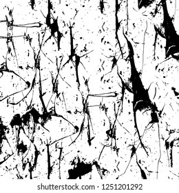 Grunge overlay layer. Abstract black and white vector background. Monochrome vintage surface with dirty pattern in cracks, spots, dots. Old painted wall in dark horror style design