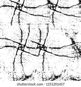Grunge overlay layer. Abstract black and white vector background. Monochrome vintage surface with dirty pattern in cracks, spots, dots. Old painted wall in dark horror style design