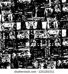 Grunge overlay layer. Abstract black and white vector background. Monochrome vintage surface with dirty pattern in cracks, spots, dots. Old painted wall in dark horror style design
