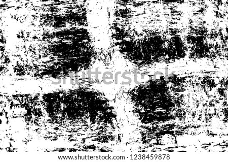 Grunge overlay layer. Abstract black and white vector background. Monochrome vintage surface with dirty pattern in cracks, spots, dots. Old wall in dark horror style design