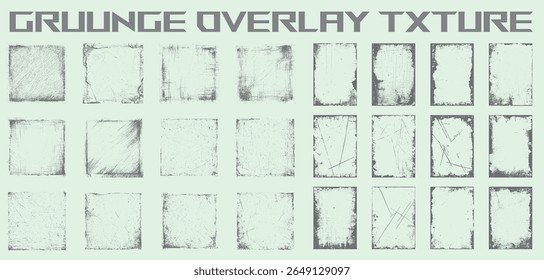 Coleção de vetores de borda de textura de sobreposição do Grunge. Quadro de rascunho angustiado definido com efeitos vintage desgastados para fundo retro e elementos de design.
