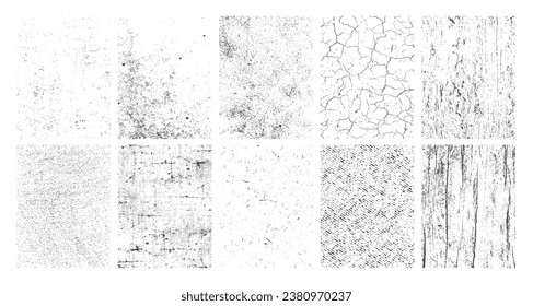 Grunge overlay texture collection with dust grain on white background. Distressed and grungy paint brush stroke or crack wall set for social media business template. Vintage frame and border pattern.