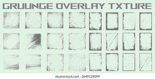Conjunto de vetores de quadro de textura de sobreposição do Grunge. Coleção de borda vintage angustiada com arranhões e efeitos de borda desgastada para design retro e uso de arte.
