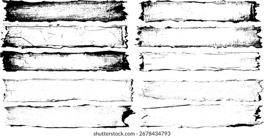 Grunge sobreposição textura conjunto com bordas afligidas, arranhões ásperos, vintage ruído, grão de poeira, efeitos retro desgastados para fundos de design.