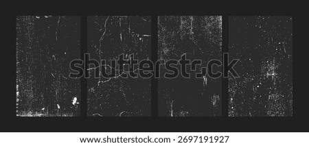 grunge overlay texture set with distressed cracked and scratched surface effects, black and white vintage noise film strip backgrounds for graphic design and photo overlay