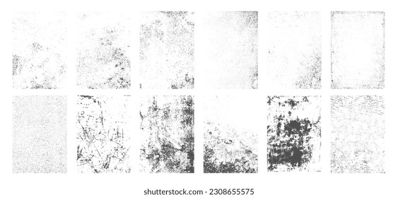 Grunge overlay textures with dust grain isolated on white background. Set of vector paint brush stroke, ink splash and grungy decoration elements for social media. Distressed vintage banner frame. svg