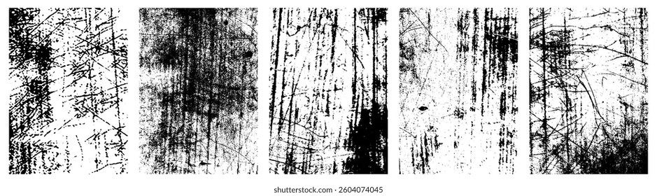 Grunge overlay textures with dust grain isolated on white background. Set of vector paint brush stroke, ink splash and grungy decoration elements for graphics design.Distressed Black Ink Texture.