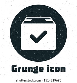 Grunge Package box with check mark icon isolated on white background. Parcel box with checkmark. Approved delivery or successful package receipt.  Vector Illustration
