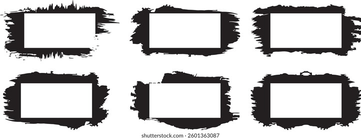  Grunge paint brush graffiti rectangle frames set .Black airbrushing paint banner, stenciling backdrop and Grunge brush texture borders. Simple black and white flat style isolated vector banner