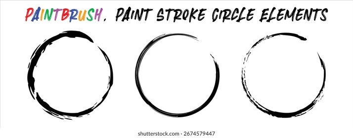 Círculos de trazo de pincel de pintura Grunge, Elementos de trazo de tinta redondos dibujados a mano, Formas artísticas de círculo áspero, conjunto de Vectores de trazo de tinta negra afligida