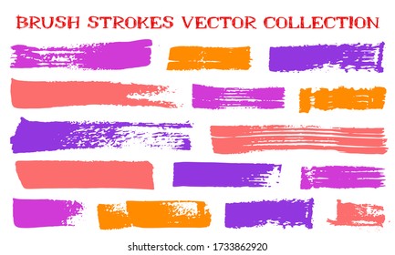 Colección vectorial de pinceles de Grunge. Textura de tinta elementos de diseño gráfico aislados. Pintar pincel pincha líneas complicadas. Coloridas rayas de pincel. Elementos de diseño de cuadro aislados sobre blanco.