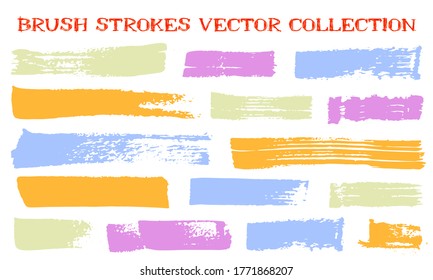 Grunge paint brushes vector collection. Ink texture isolated graphic design elements. Paint brush strokes vintage lines. Dirty paintbrush stripes. Isolated border elements.