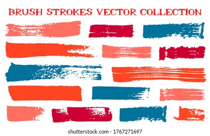 Grunge paint brushes vector set. Ink texture isolated graphic design elements. Paint brush strokes abstract lines. Watercolor paintbrush stripes. Isolated border elements.