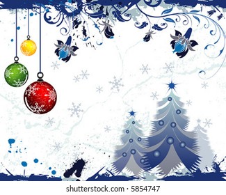 Grunge paint christmas background with tree & baubles, element for design, vector illustration