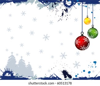 Grunge paint christmas background with tree & baubles, element for design, vector illustration