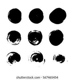 Grunge paint circle vector element set. Black brush smear stain texture isolated on white