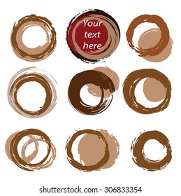 Grunge paint circle vector elements set. Coffee stain. Brown circle brush strokes as vintage frames. Hand drawn vector illustration. Brain storm, team work concept. EPS 8. Isolated on white.