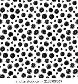 Grunge paint circle vector seamless pattern. Hand painted black ink blobs. Geometric abstract background. Simple ornament with polka dots. Seamless pattern with rounded doodle shapes.