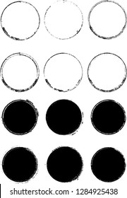 Grunge Paint circles . Vector round brush Stroke . Distressed banner . Black isolated paintbrush collection . Modern Textured shape . Dry border in Black . Bulge lines