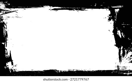 Grunge Farbe tropft Rahmen. Schwarzes Überlagerungsmuster auf weißem, leerem Hintergrund. Rustikale schmutzige Textur. Farbige Vorlage.