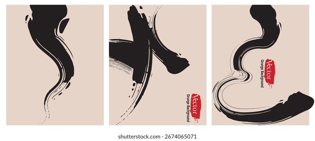 grunge paint element, brush stroke art, Black ink brush stroke on color background. Japanese style. Vector illustration of grunge wave stains.Vector brushes illustration.eps10