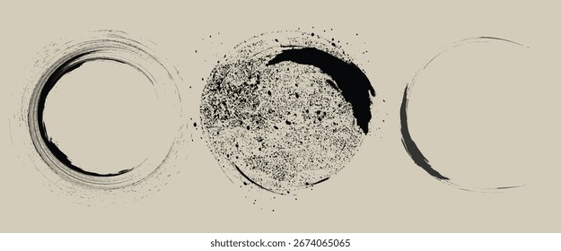 grunge paint element, grunge texture overlay background. Vector brush Stroke, Black ink round stroke set. Japanese style. Abstract vector illustration of grunge circle stains.eps10