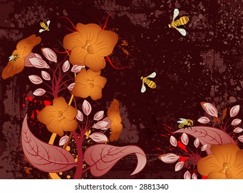 Grunge paint floral background with bee, element for design, vector illustration
